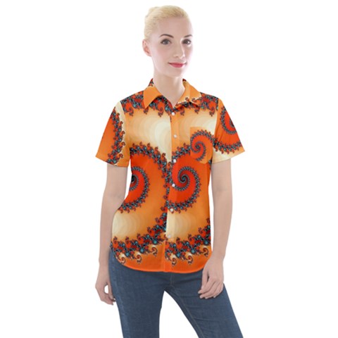 Fractal Rendering Spiral Twist Orange Women s Short Sleeve Pocket Shirt by Pakrebo