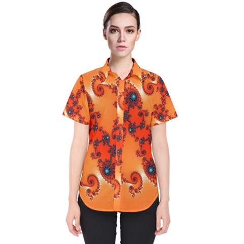 Fractal Rendering Spiral Curve Orange Women s Short Sleeve Shirt by Pakrebo