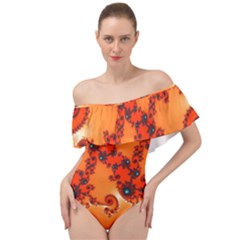 Fractal Rendering Spiral Curve Orange Off Shoulder Velour Bodysuit  by Pakrebo