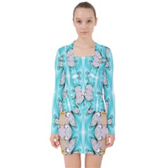 Seamless Wallpaper Pattern Symmetry Art V-neck Bodycon Long Sleeve Dress by Pakrebo