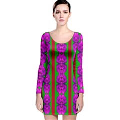 Love For The Fantasy Flowers With Happy Purple And Golden Joy Long Sleeve Velvet Bodycon Dress by pepitasart