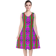 Love For The Fantasy Flowers With Happy Purple And Golden Joy V-neck Midi Sleeveless Dress  by pepitasart