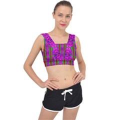 Love For The Fantasy Flowers With Happy Purple And Golden Joy V-back Sports Bra by pepitasart