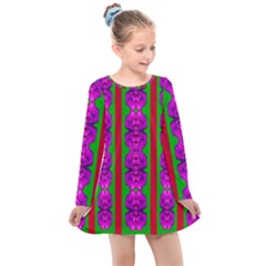 Love For The Fantasy Flowers With Happy Purple And Golden Joy Kids  Long Sleeve Dress