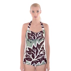 Drawing Autumn Leaves Season Boyleg Halter Swimsuit  by Pakrebo