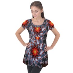 Fractal Spiral Rendering Curve Puff Sleeve Tunic Top