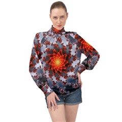 Fractal Spiral Rendering Curve High Neck Long Sleeve Chiffon Top by Pakrebo