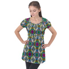 Seamless Pattern Decoration Puff Sleeve Tunic Top