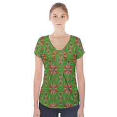 Seamless Wallpaper Digital Art Green Red Short Sleeve Front Detail Top by Pakrebo