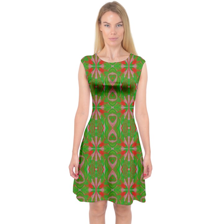 Seamless Wallpaper Digital Art Green Red Capsleeve Midi Dress