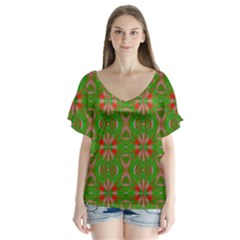 Seamless Wallpaper Digital Art Green Red V-neck Flutter Sleeve Top by Pakrebo