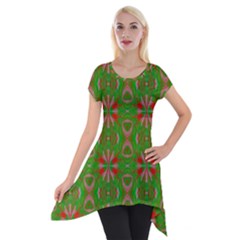 Seamless Wallpaper Digital Art Green Red Short Sleeve Side Drop Tunic by Pakrebo