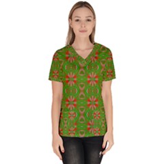 Seamless Wallpaper Digital Art Green Red Women s V-neck Scrub Top by Pakrebo