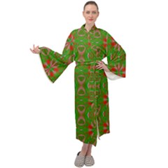 Seamless Wallpaper Digital Art Green Red Maxi Tie Front Velour Kimono by Pakrebo