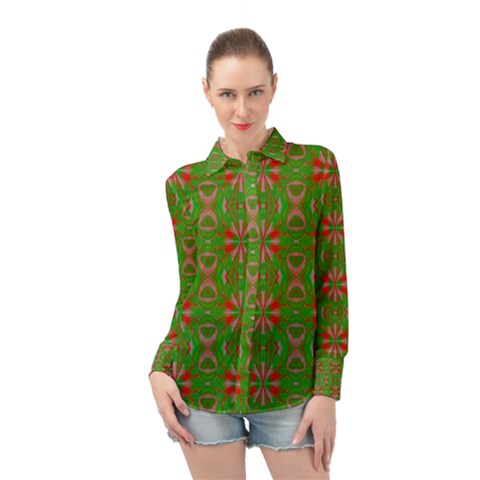 Seamless Wallpaper Digital Art Green Red Long Sleeve Chiffon Shirt by Pakrebo