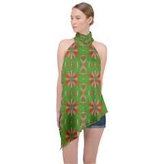 Seamless Wallpaper Digital Art Green Red Halter Asymmetric Satin Top by Pakrebo