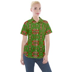 Seamless Wallpaper Digital Art Green Red Women s Short Sleeve Pocket Shirt