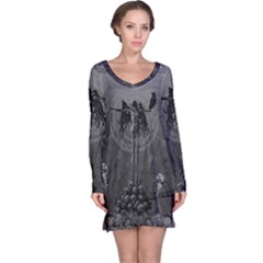 Awesome Crow Skeleton With Skulls Long Sleeve Nightdress by FantasyWorld7