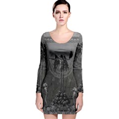 Awesome Crow Skeleton With Skulls Long Sleeve Velvet Bodycon Dress by FantasyWorld7