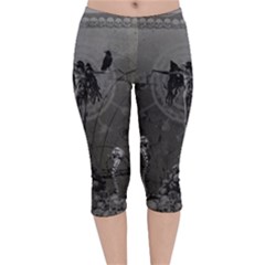 Awesome Crow Skeleton With Skulls Velvet Capri Leggings 