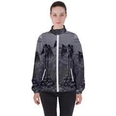 Awesome Crow Skeleton With Skulls Women s High Neck Windbreaker by FantasyWorld7