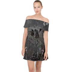 Awesome Crow Skeleton With Skulls Off Shoulder Chiffon Dress by FantasyWorld7