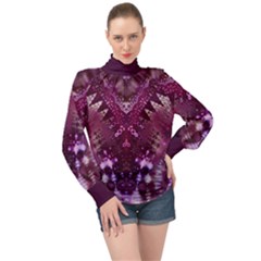 Pink Fractal Lace High Neck Long Sleeve Chiffon Top