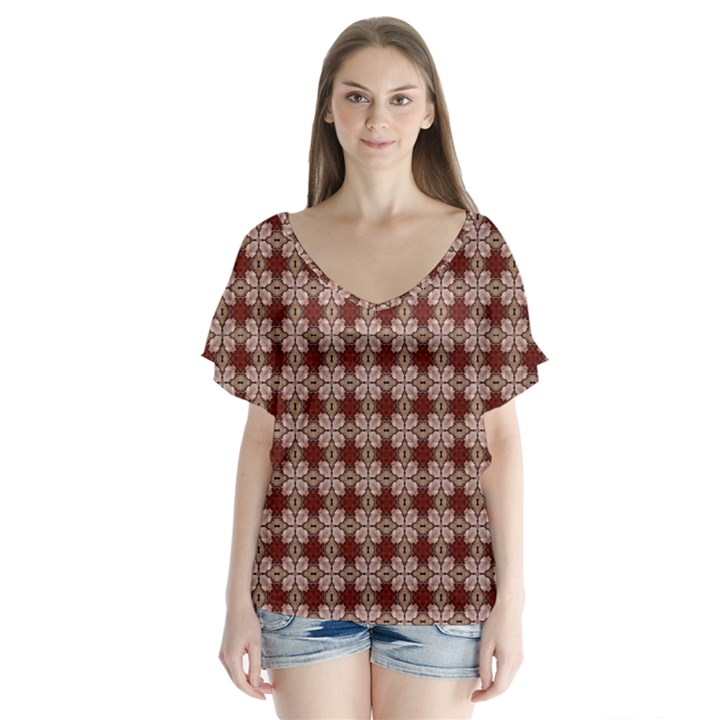 Brown Tiles Leaves Wallpaper V-Neck Flutter Sleeve Top