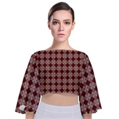 Brown Tiles Leaves Wallpaper Tie Back Butterfly Sleeve Chiffon Top by Pakrebo