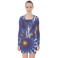 Fractal Spiral Curve Abstraction V-neck Bodycon Long Sleeve Dress by Pakrebo