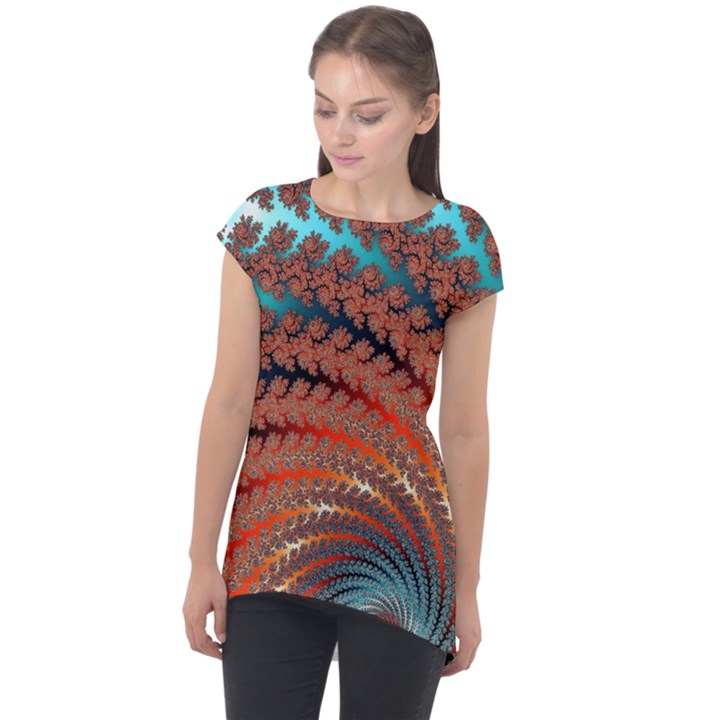 Fractal Spiral Abstract Design Cap Sleeve High Low Top