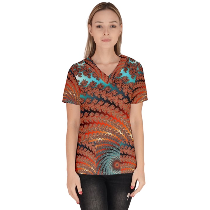 Fractal Spiral Abstract Design Women s V-Neck Scrub Top