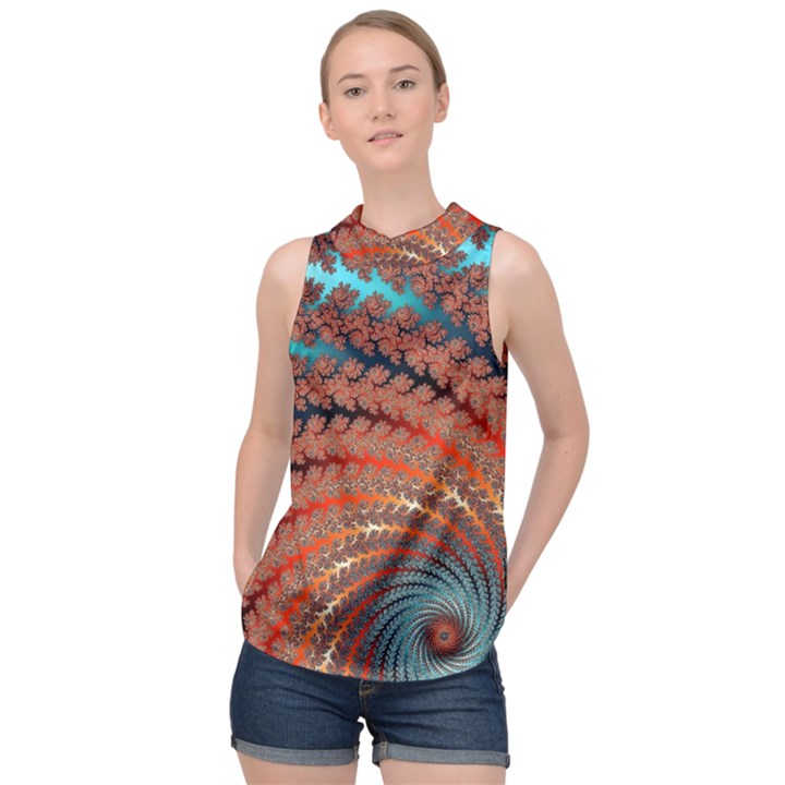 Fractal Spiral Abstract Design High Neck Satin Top