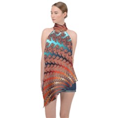 Fractal Spiral Abstract Design Halter Asymmetric Satin Top by Pakrebo