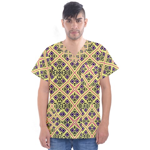 Seamless Wallpaper Geometric Yellow Men s V-neck Scrub Top by Pakrebo