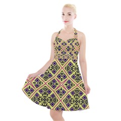 Seamless Wallpaper Geometric Yellow Halter Party Swing Dress  by Pakrebo