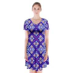 Symmetry Digital Art Pattern Blue Short Sleeve V-neck Flare Dress