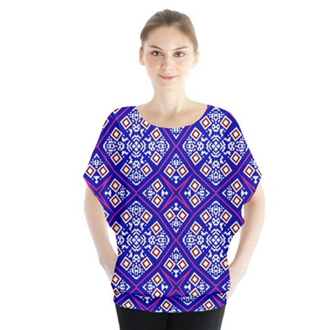 Symmetry Digital Art Pattern Blue Batwing Chiffon Blouse by Pakrebo