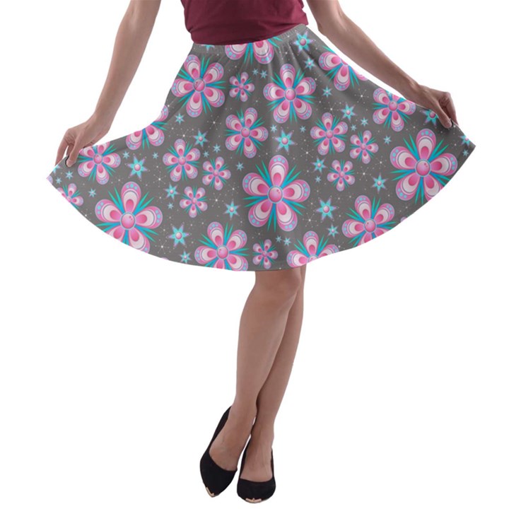 Seamless Pattern Flowers Pink A-line Skater Skirt