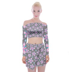 Seamless Pattern Flowers Pink Off Shoulder Top With Mini Skirt Set by Pakrebo