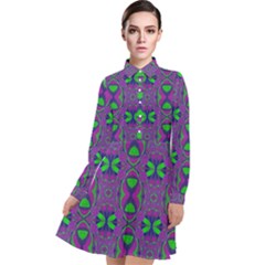 Seamless Wallpaper Pattern Ornament Green Purple Long Sleeve Chiffon Shirt Dress by Pakrebo