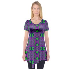 Seamless Wallpaper Pattern Ornament Green Purple Short Sleeve Tunic  by Pakrebo