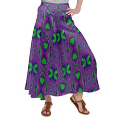 Seamless Wallpaper Pattern Ornament Green Purple Satin Palazzo Pants by Pakrebo