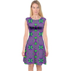 Seamless Wallpaper Pattern Ornament Green Purple Capsleeve Midi Dress by Pakrebo