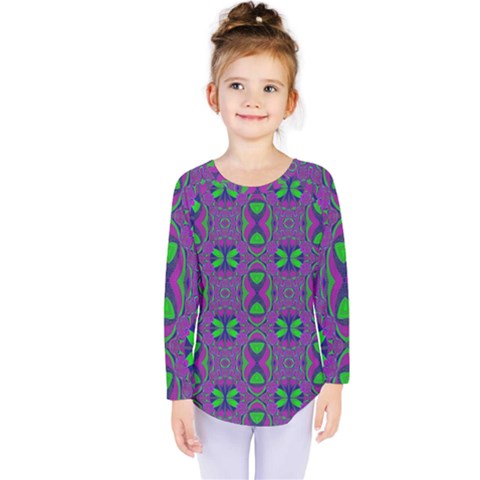 Seamless Wallpaper Pattern Ornament Green Purple Kids  Long Sleeve Tee by Pakrebo