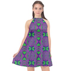 Seamless Wallpaper Pattern Ornament Green Purple Halter Neckline Chiffon Dress 