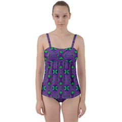 Seamless Wallpaper Pattern Ornament Green Purple Twist Front Tankini Set by Pakrebo