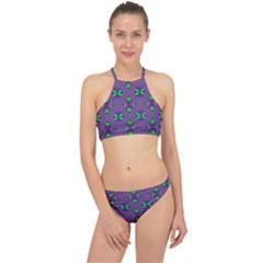 Seamless Wallpaper Pattern Ornament Green Purple Racer Front Bikini Set by Pakrebo