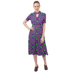 Seamless Wallpaper Pattern Ornament Green Purple Keyhole Neckline Chiffon Dress