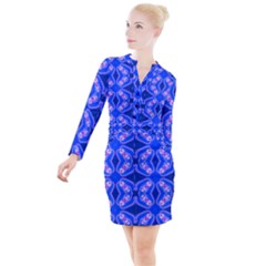 Seamless Fractal Blue Wallpaper Button Long Sleeve Dress